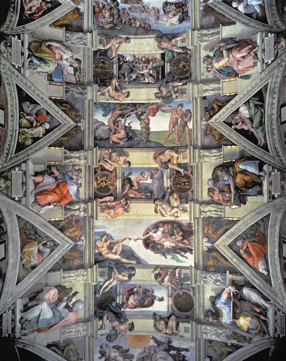 Sistine Chapel ceiling and lunettes, 1508-12 (post restoration) by Michelangelo Buonarroti