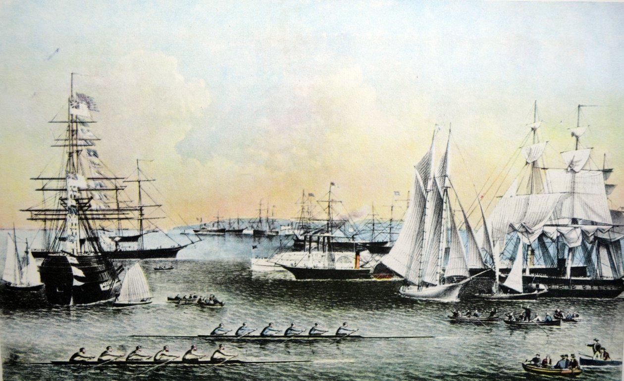 Currier & Ives Illustration 19th Century. Summer Scenes of Ships in New York Harbour by N. and Ives, J.M. Currier