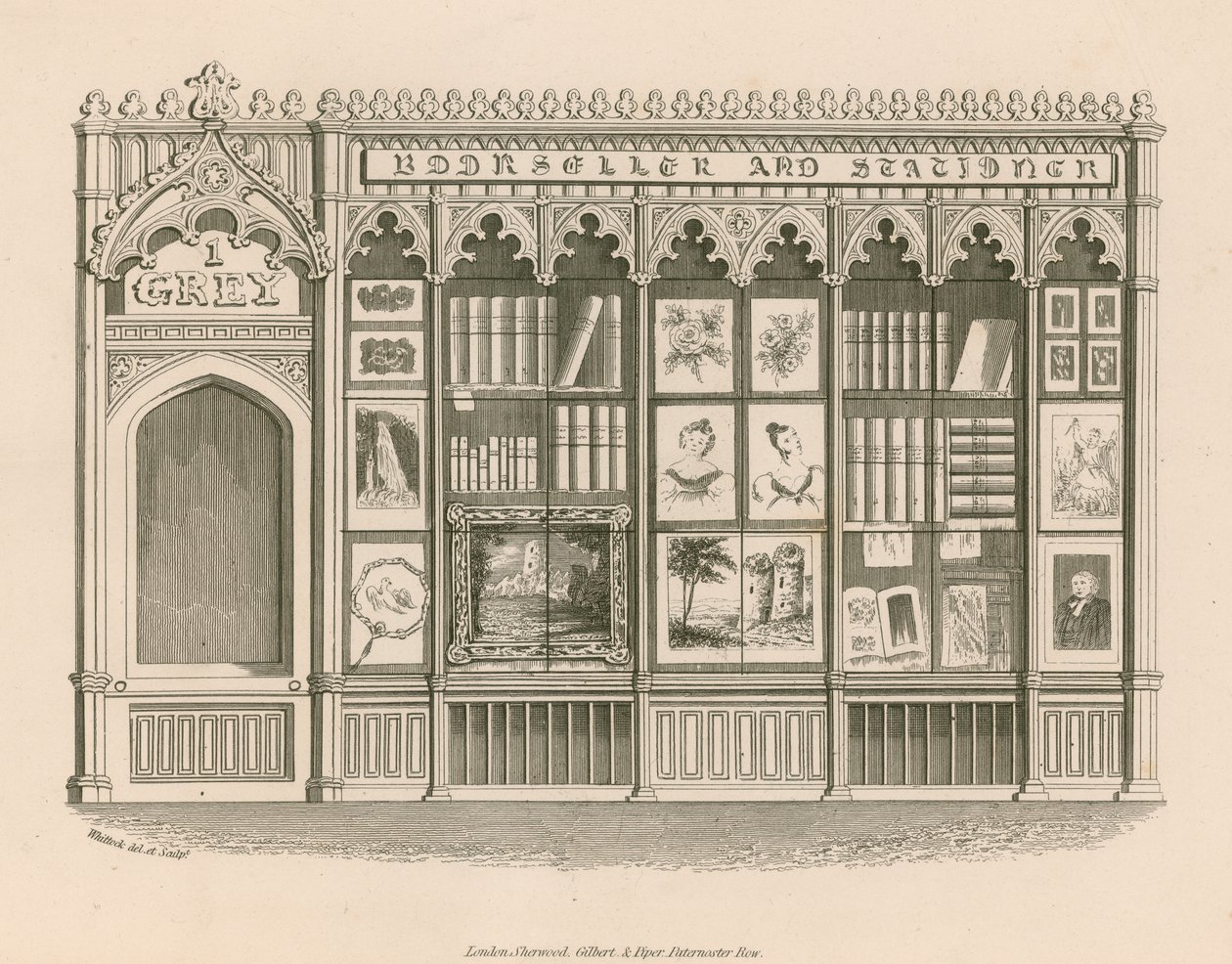 Gothic shop front design for a Bookseller and Stationer, designed to evade lease restrictions on a normal shop front by Nathaniel Whittock