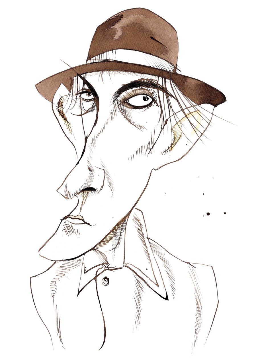 Peter Cook, English comedy actor and writer, caricatured as the character E by Neale Osborne