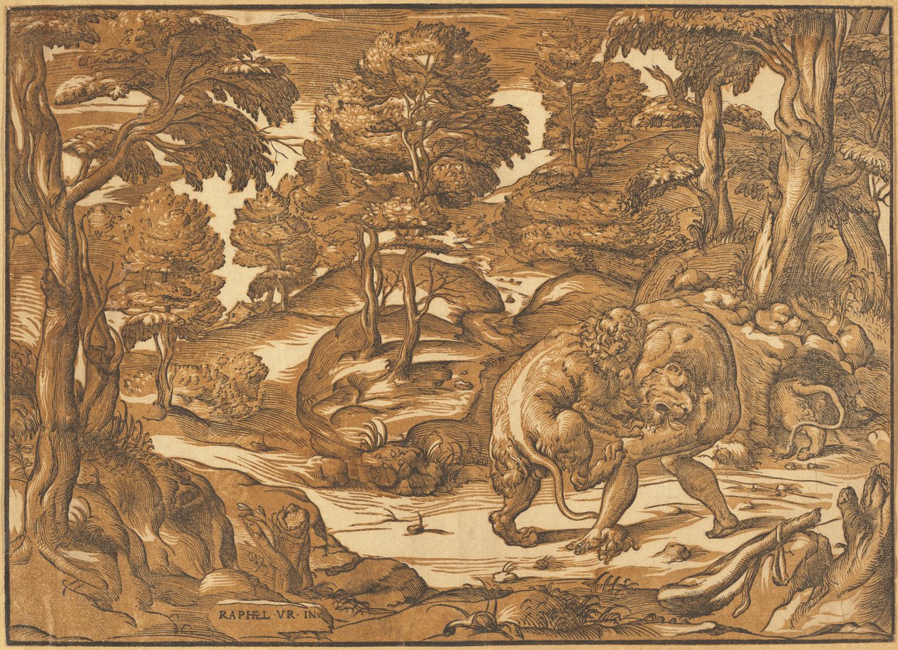 Hercules and the Nemean Lion by Nicolò Boldrini, after Raphael