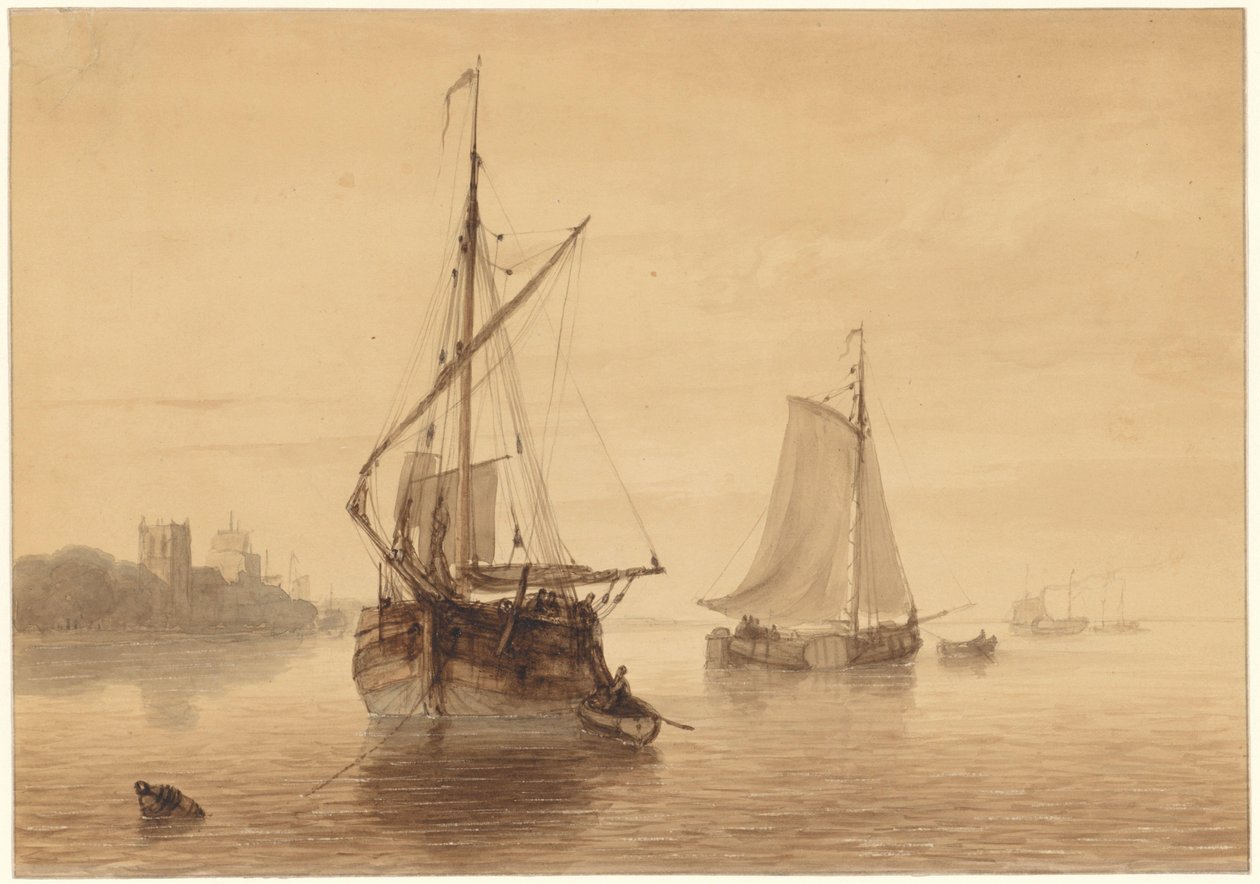 River Landscape with Some Ships by Nicolaas Johannes Roosenboom