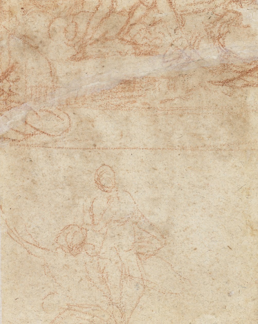 Two rough sketches, a crouching woman with a standing figure beside her and another figure group by Nicolas Poussin