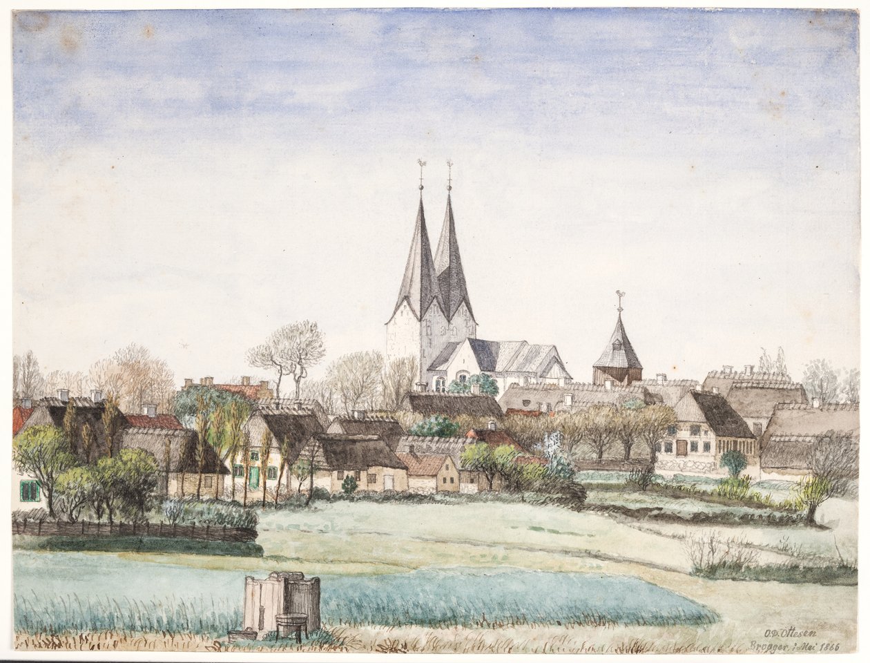 Village with Church. Broager by O.D. Ottesen