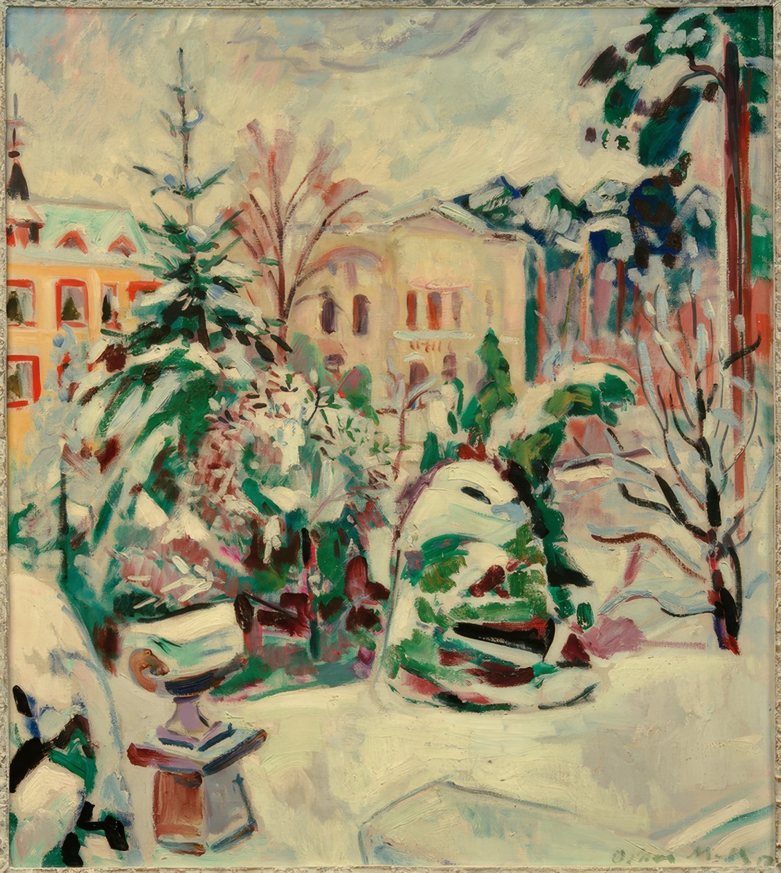 Snowy Park with Houses by Oskar Moll