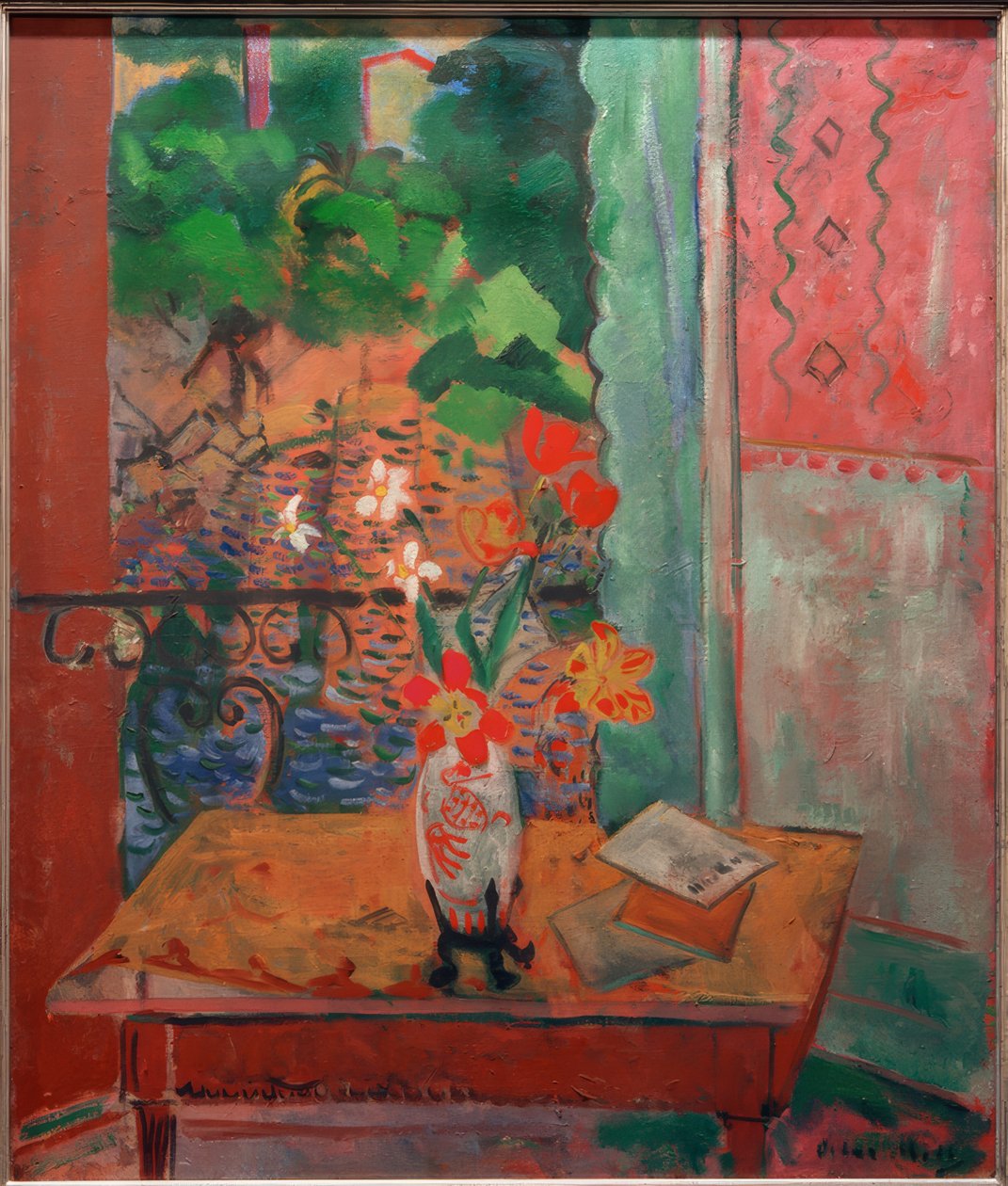 Bouquet of Flowers in Front of Open Balcony Door by Oskar Moll