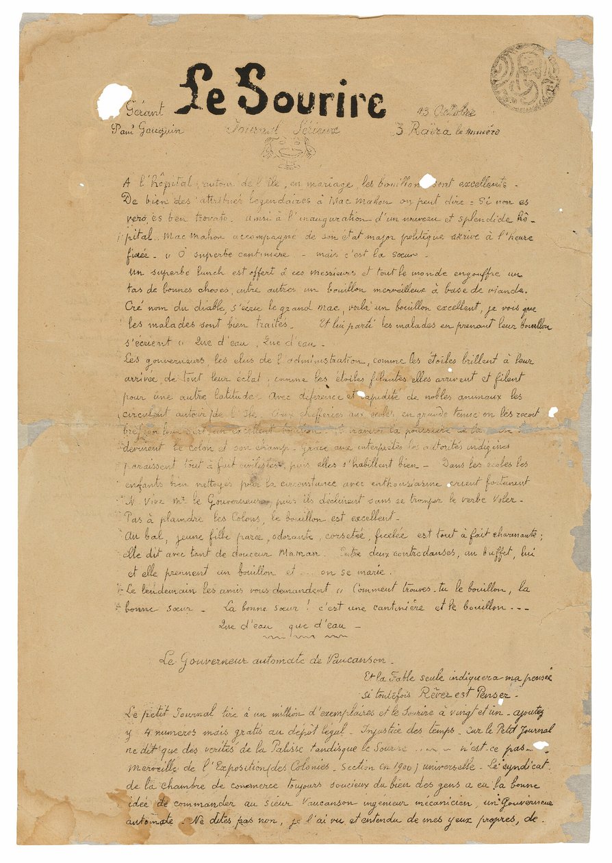The Smile: Serious Journal, Oct. 13, 1899 by Paul Gauguin