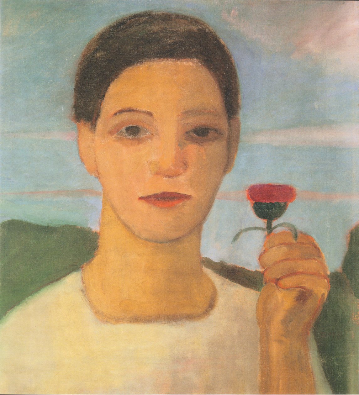 Portrait of Sister Herma with Artichoke Blossom in Raised Hand by Paula Modersohn Becker