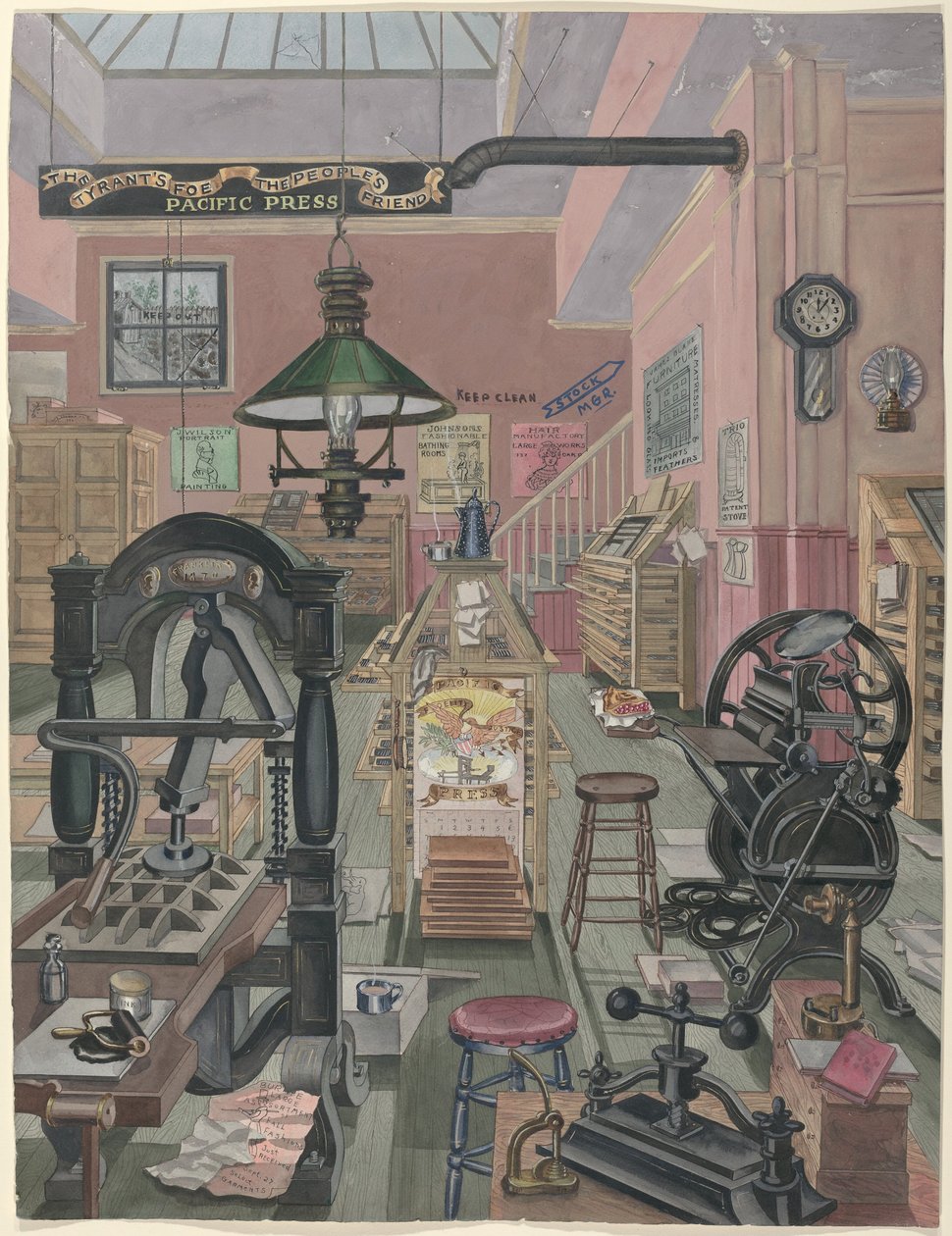 Print Shop, 1870 by Perkins Harnly