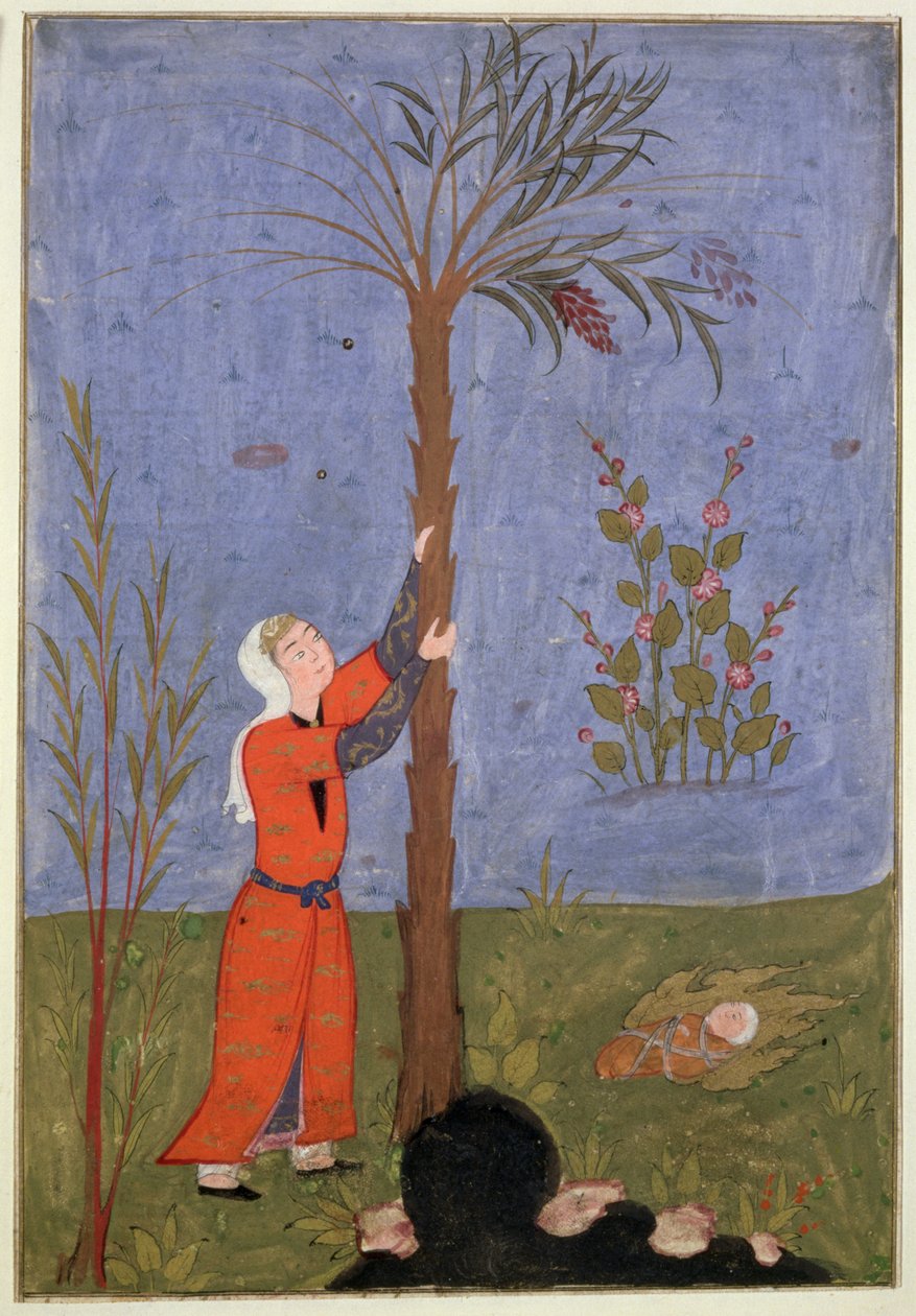 Mary Gripping the Date Palm, Persian miniature, Qazvin by Persian School