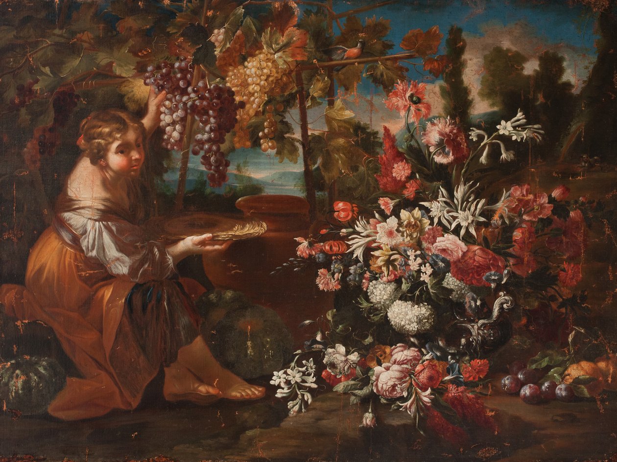 A Girl Among Flowers and Fruit by Pietro Paolo Bonzi