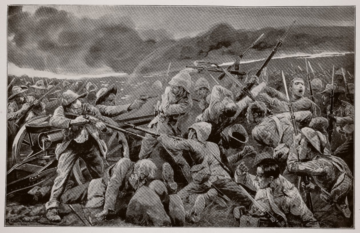 The Engagement at Vlakfontein: The Derbyshires re-taking the guns at the point of the bayonet by Richard Caton Woodville junior