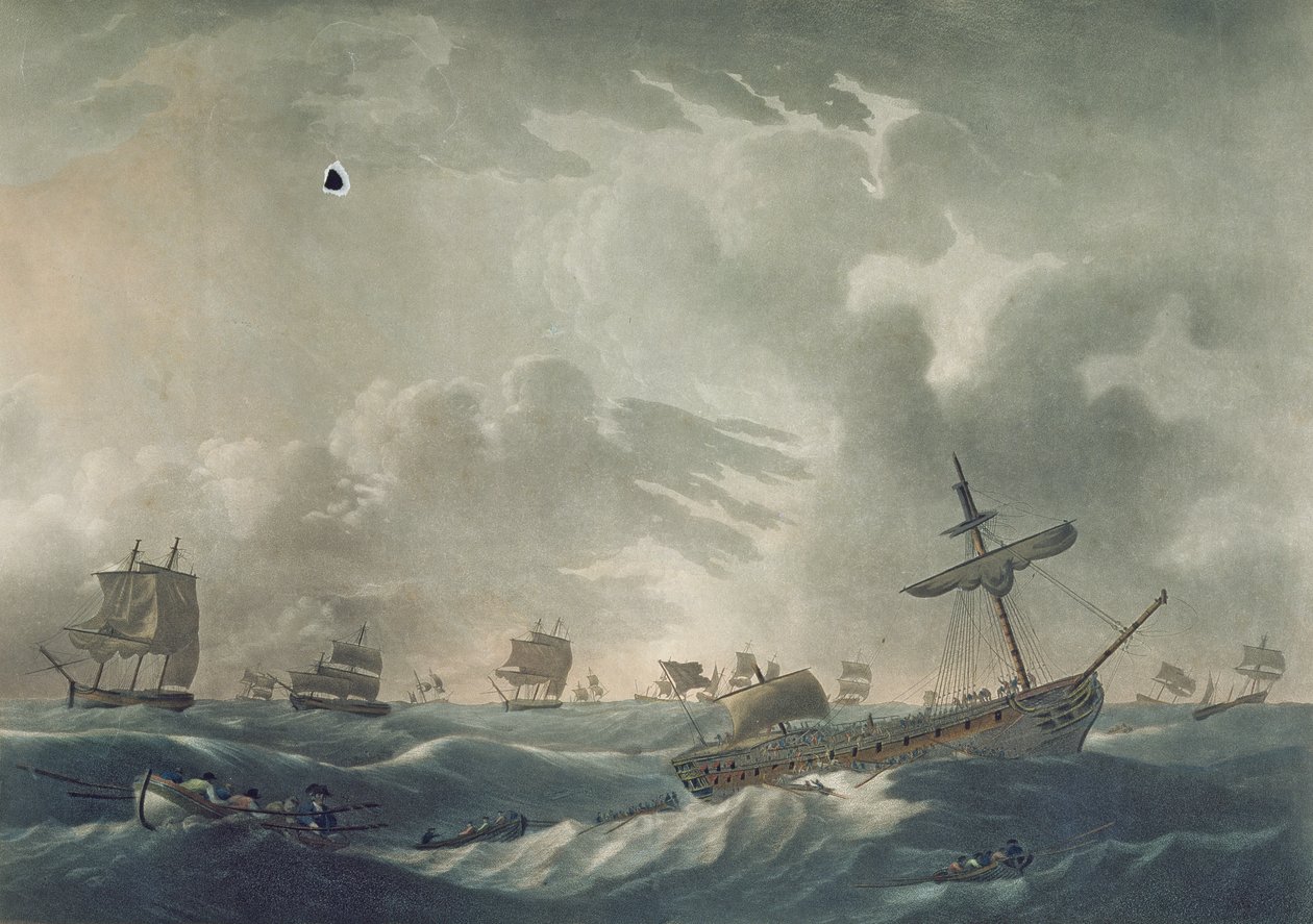 The Ramillies Waterlogged, with her Admiral and Crew quitting the Wreck, engraved by Francis Jukes, published in 1795 by Robert Dodd