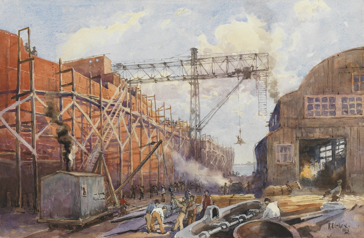 Polson Iron Work Yard, Ship War Hydra on Stocks, 1918 by Robert Ford Gagen