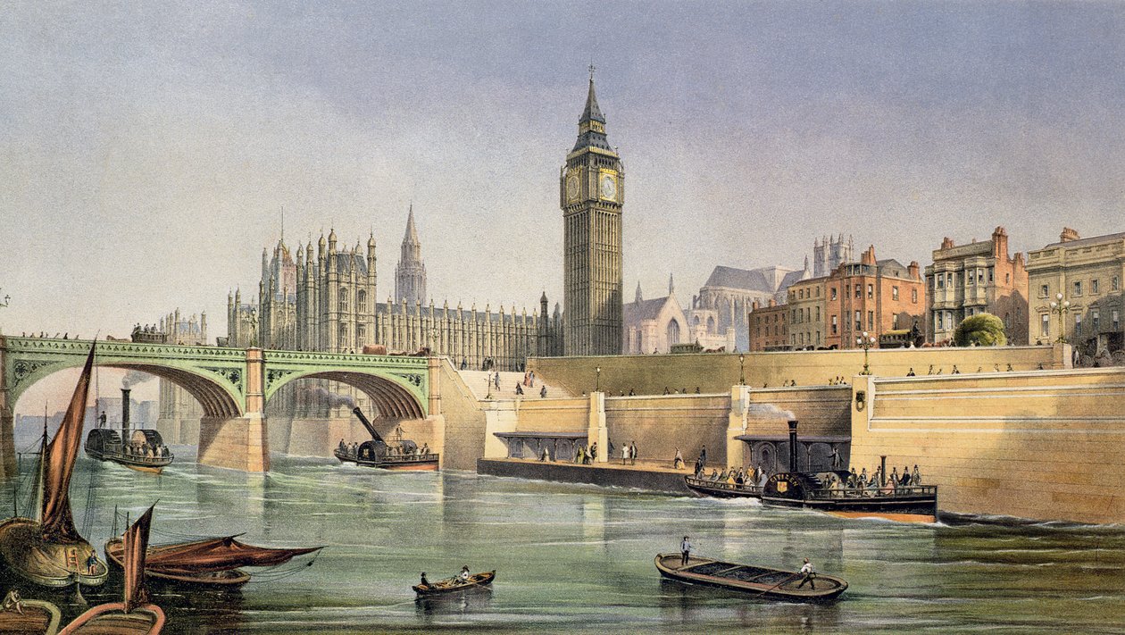 Thames Embankment showing the Steam Boat Landing Pier at Westminster Bridge, 1864 by Robert Kent Thomas