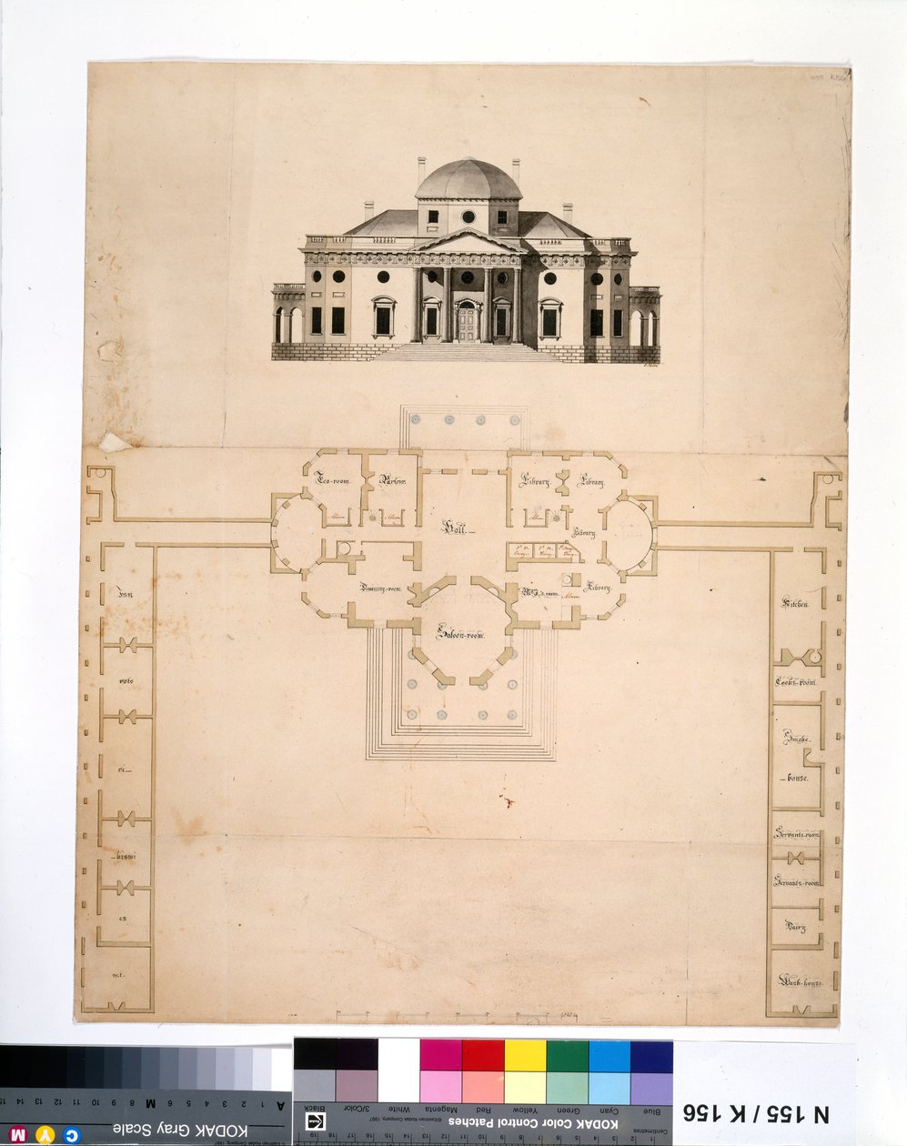 Monticello: 2nd version (plan and west elevation) by Robert Mills