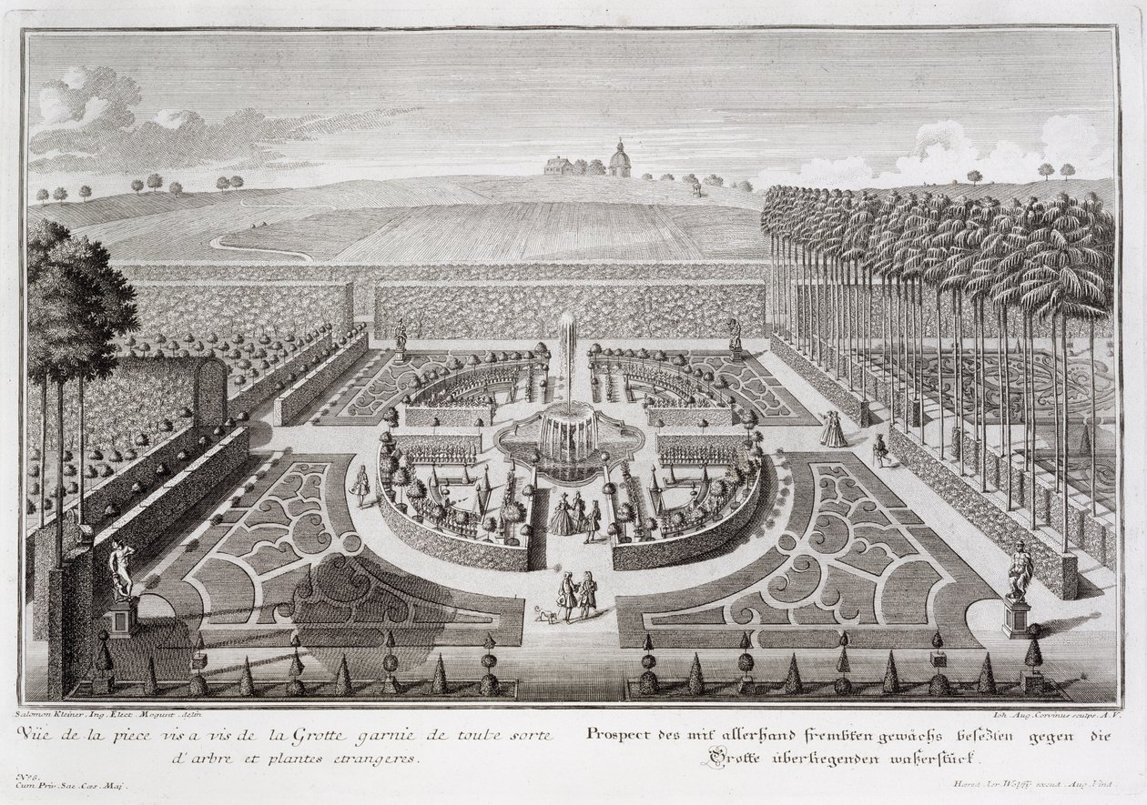 View of the topiary garden beside the grotto, Geibach, engraved by Johann August Corvinus, published 1728 by Salomon Kleiner