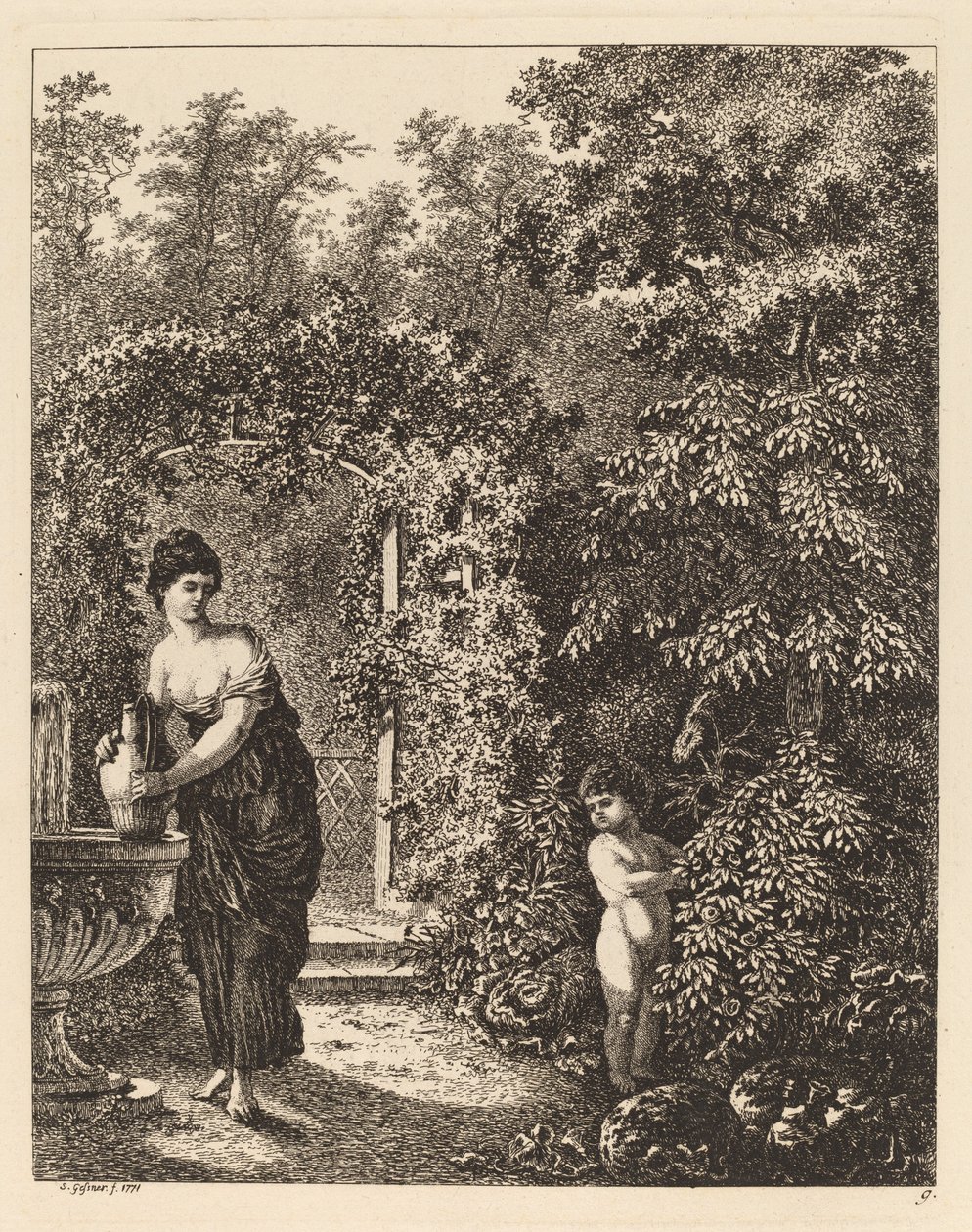 Putto Visiting a Girl at a Fountain by Salomon Gessner