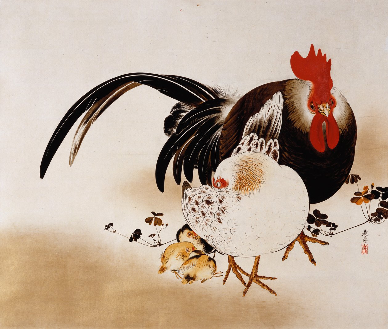 Cockerel, Hen and Chicks by Shibata Zeshin