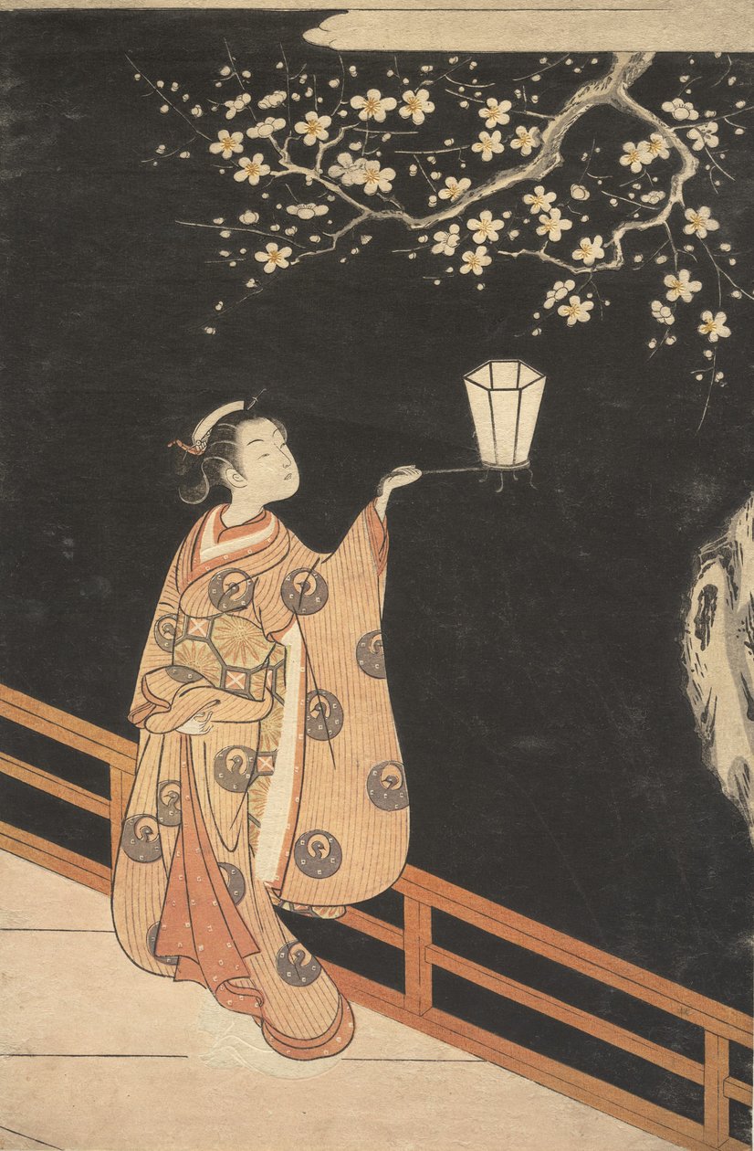 Woman Admiring Plum Blossoms at Night by Suzuki Harunobu