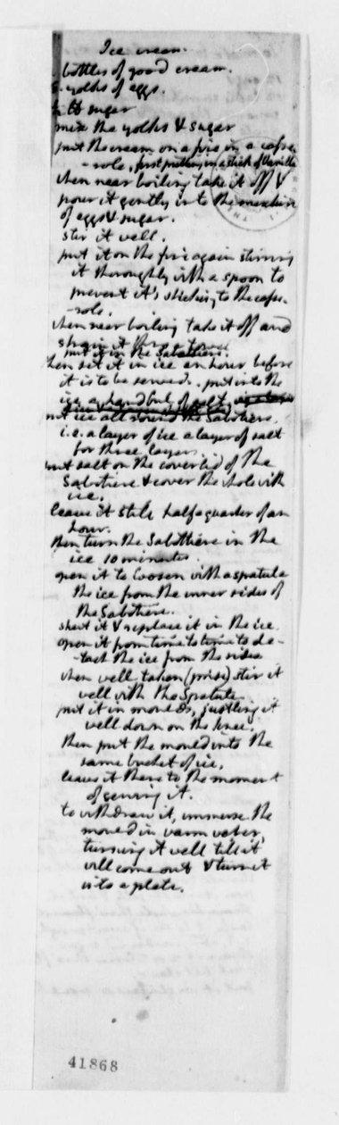 Recipe for Vanilla Ice Cream, c.1780 by Thomas Jefferson