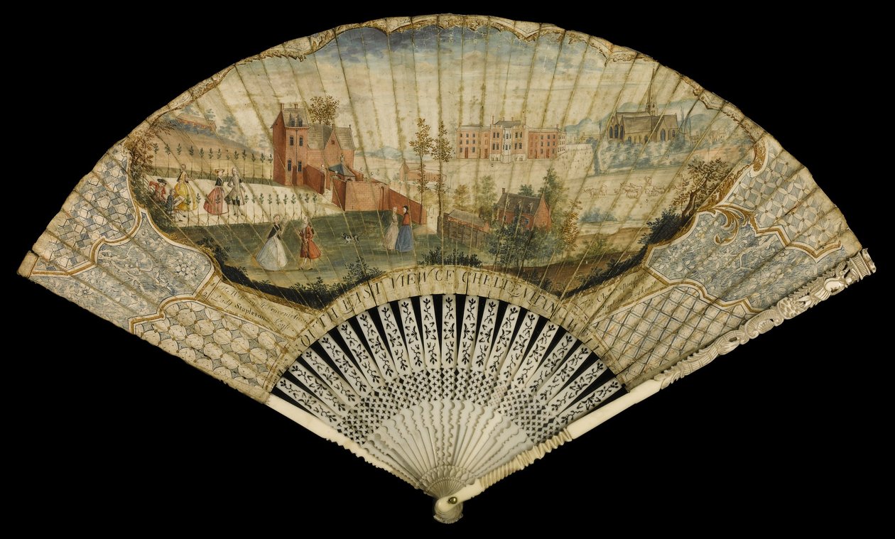 Fan decorated with the south east view of Cheltenham Well, 1740 by Thomas Robins