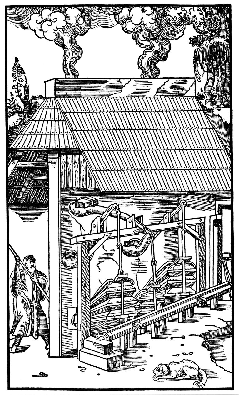 Bellows supplying draught to a smelting furnace, 1556 by Unbekannt