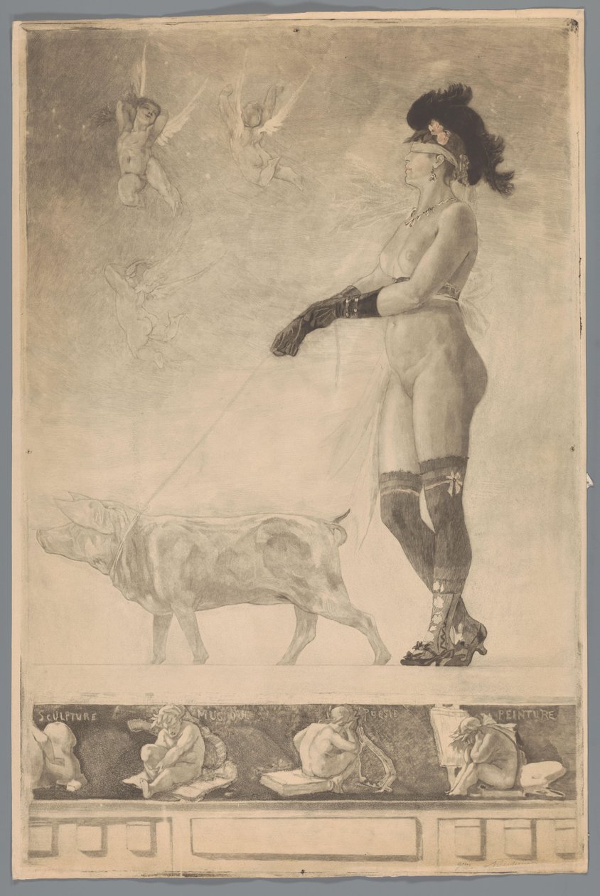 Blindfolded Naked Woman Led by a Pig by Unknown