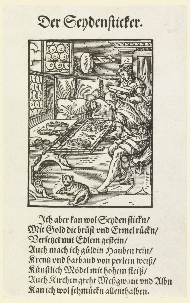 Woodcut (facsimile): An embroiderer at work by Unknown artist
