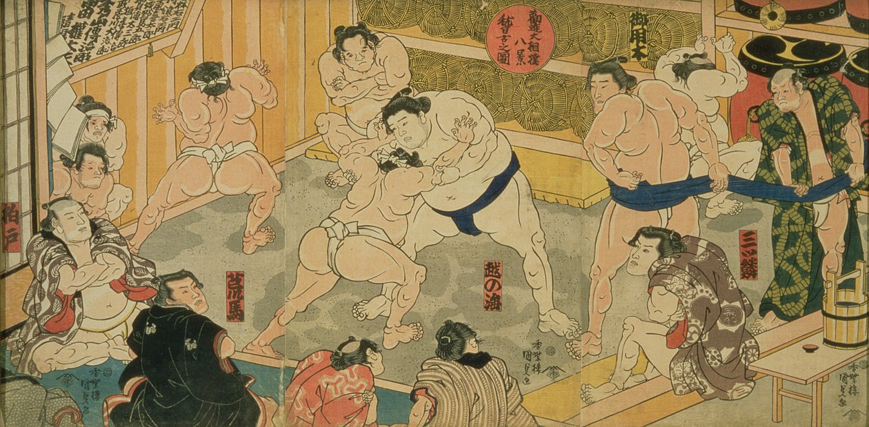 One of eight views of Kanjin Sumo, pub. by Tsutaya, 19th century by Utagawa Kunisada