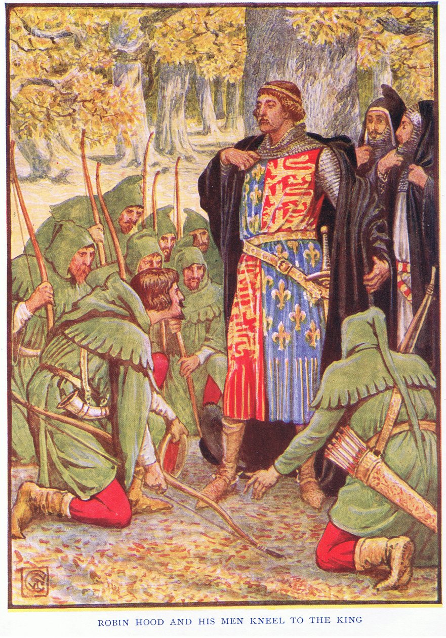 Robin and his men kneel to the king, c.1920 by Walter Crane