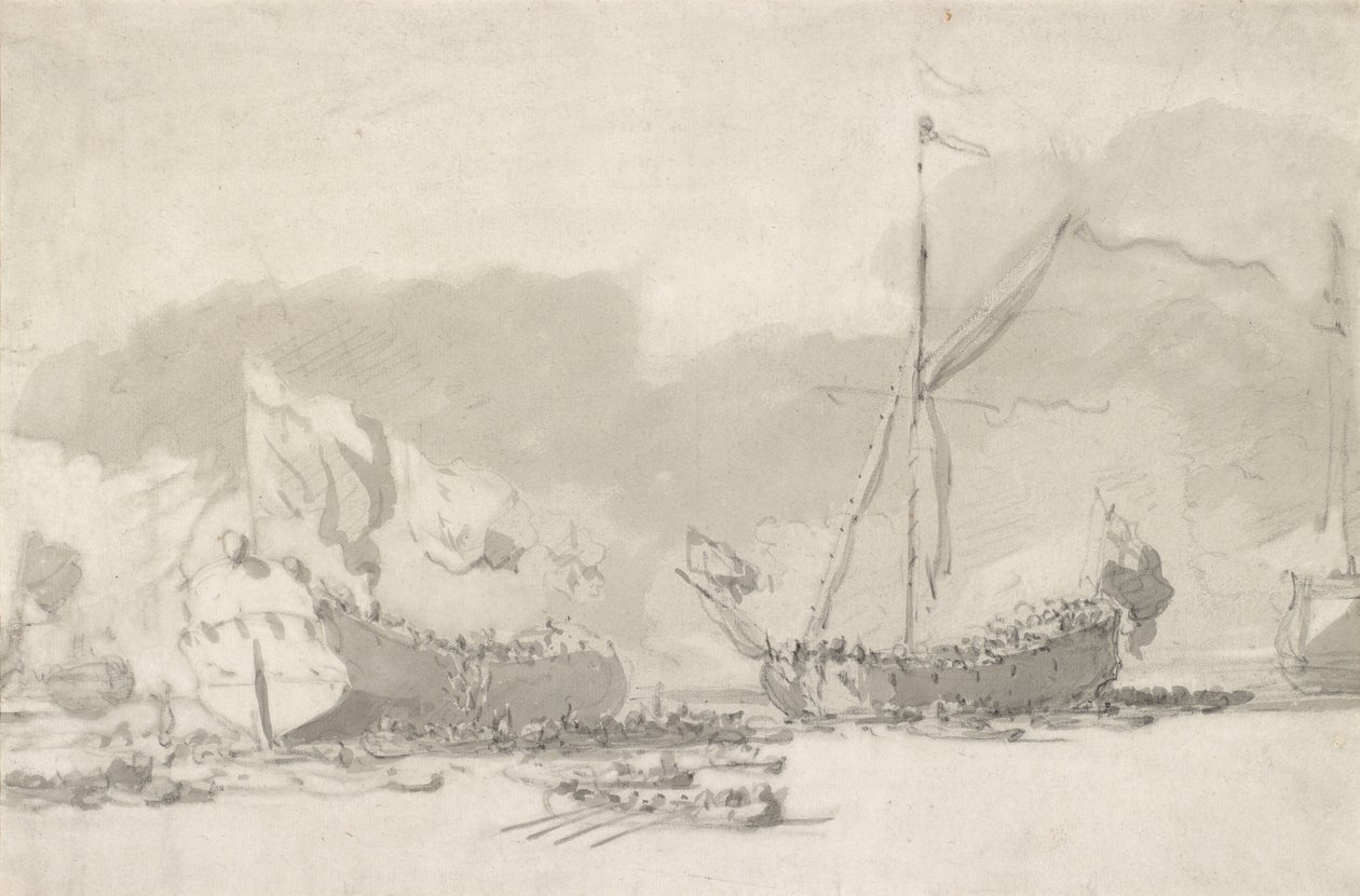 The Launch of a Single-Deck Warship with a Royal Yacht in Attendance, late 17th-early 18th century by Willem van de Velde