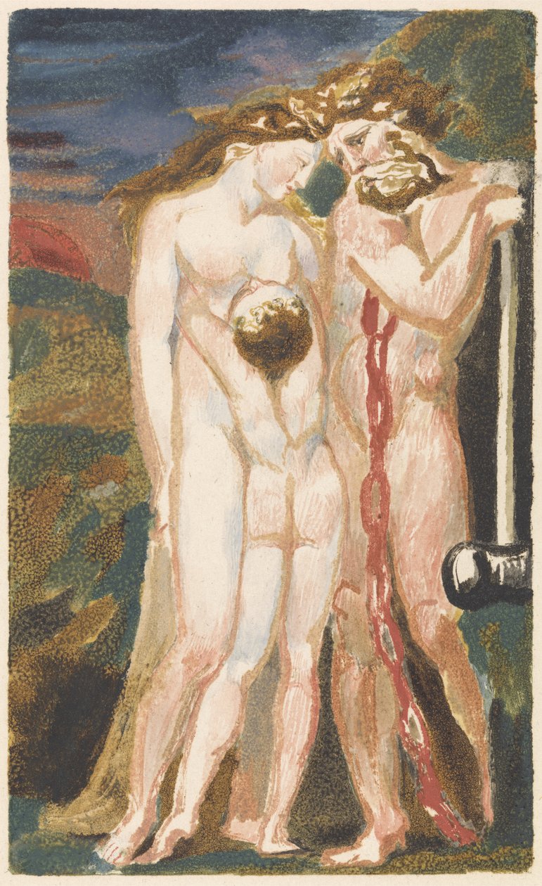 Nude woman looking down at a boy and to the right, a bearded man leaning on  a hammer, plate 18 from The First Book of Urizen, 1794