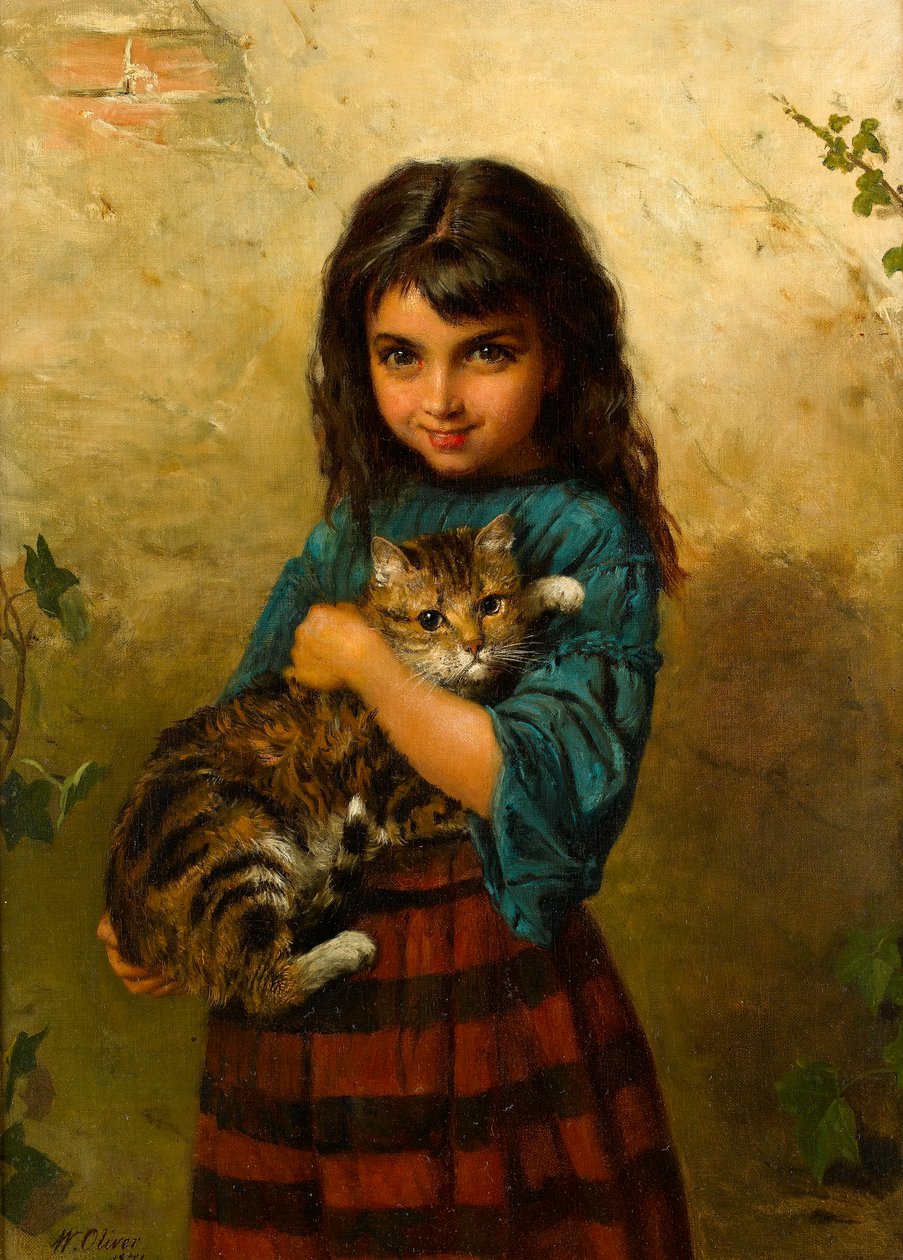 Full of Mischief, A Girl with her Cat by William Oliver