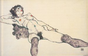 Reclined female nude with spread legs, 1914