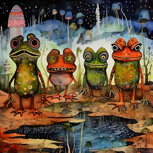 Full-page watercolor and ink painting of frogs 4