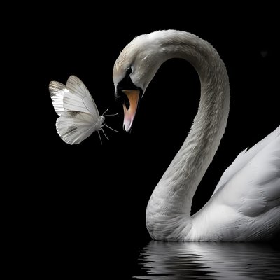 A Beautiful Swan and a White Butterfly Kissing on a Black Background by F. Abderrahim