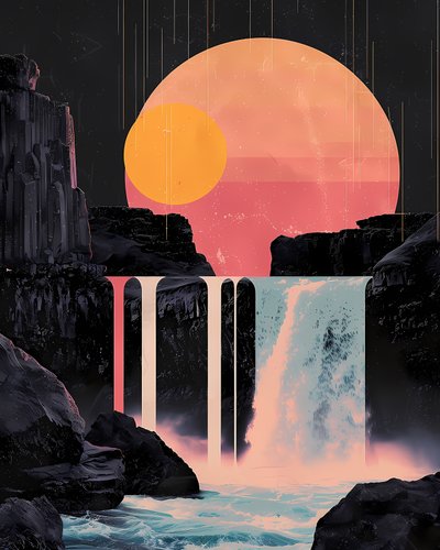 Minimalist Waterfall in Red Sunset by F. Abderrahim