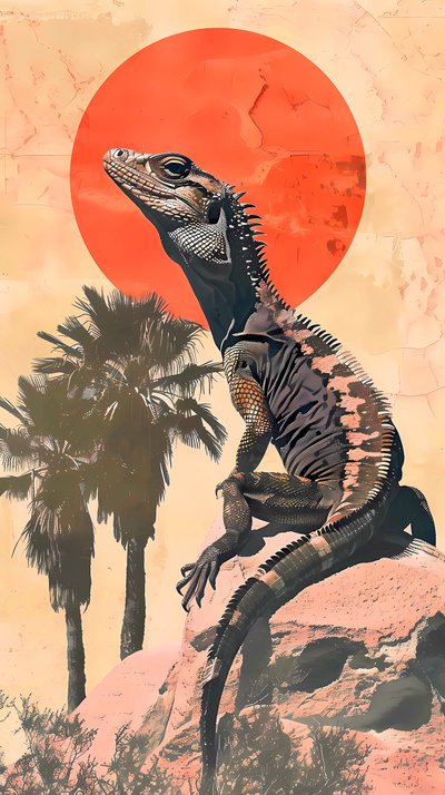 A lizard taking sunbath on a rock with a Palm background by F. Abderrahim