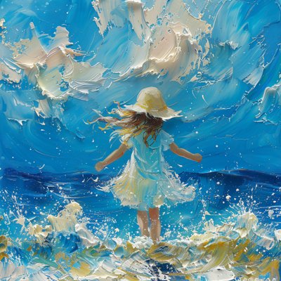 Abstract painting: cute little girl in front of a sea breeze by F. Abderrahim