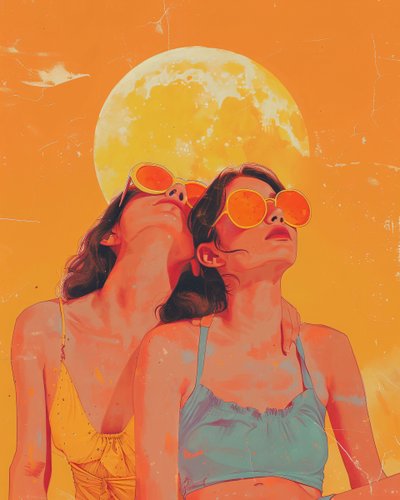 Abstract portrait: two women with sunglasses & sunset behind by F. Abderrahim