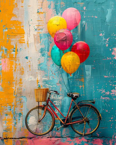 Abstract primitive painting: Bike rising with balloons by F. Abderrahim