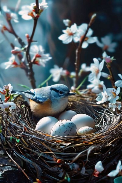 Bird incubating eggs surrounded by white flowers by F. Abderrahim