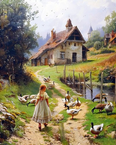 Girl & poultry in Old European landscape by F. Abderrahim