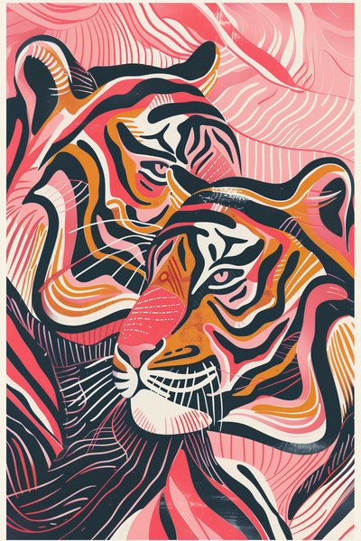 Pink Red and Orange Tigers Illustration by F. Abderrahim