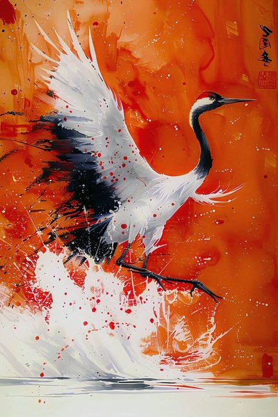 Stork Painted in Warm Colors in Asian Artistic Style by F. Abderrahim