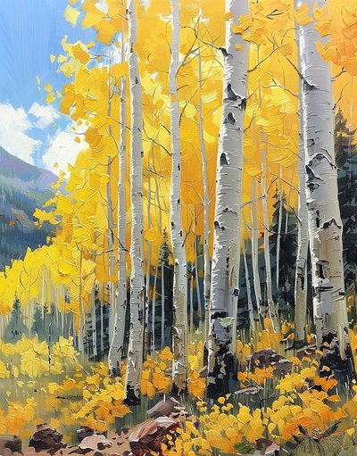 Birch Trees with Yellow Leaves and White Trunks in Autumn by F. Abderrahim