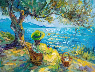 Colorful Abstract Oil Painting: Modern Woman with Green & Blue by F. Abderrahim