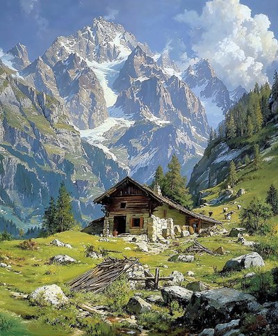 Log Cabin in the Swiss Alps in Spring by F. Abderrahim