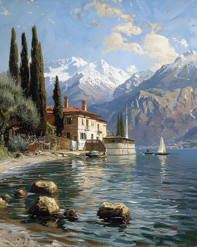 A house overlooking a large lake next to a mountain range by F. Abderrahim